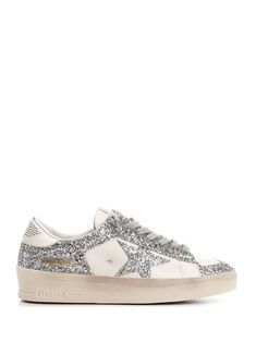 "Stardan" sneakers from Golden Goose in white leather with full silver glitter inserts, perforated toe, flat laces. Golden Goose Glitter, Golden Goose Stardan, Golden Goose Silver, Versace Designer, Goose Sneakers, Golden Goose Sneakers, Sneakers For Women, Cool Socks, Wallet Bag