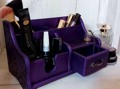 Gothic makeup holder, Makeup organizer, Goth organizer, Gothic home decor, Vampire decor, Witch purple decor, Purple organizer, Goth bathroom decor,  Witch make up holder,  Goth purple gift, Metallic purple box, Witch Christmas gift, Goth Christmas gift *Makeup and jewelry wooden organizer --------> Perfect gift for Gothic / Witch girl *Organizer is painted in purple metallic color (with black splattered dots). Organizer contains 3 makeup compartments and 1 jewelry (accessories) drawer. The orga Goth Bathroom Decor, Goth Bathroom, Vampire Decor, Accessories Drawer, Witch Purple, Goth Christmas, Gothic Witch, Wooden Organizer, Witch Girl