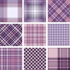 plaid patterns in purple and white are arranged on the same square pattern, each with different colors