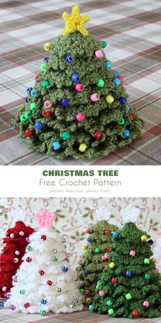 crochet christmas tree is shown on the table and in front of it, there are