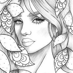 a drawing of a woman with long hair and flowers on her head, in black and white