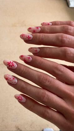 Boho Spring Nails Short, Easter Nail Aesthetic, Simple Nail Designs At Home, Pink Red Nail Art, Short Floral Nails, Red Nail Designs Summer, Pink Spring Nails, Pink Nail Inspo, Minimal Nails