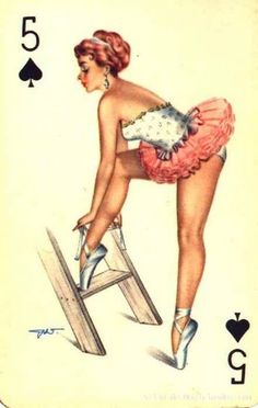 a playing card with an image of a woman on a steplader in pink