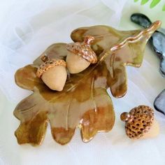 two acorns sitting on top of a leaf shaped object next to some rocks