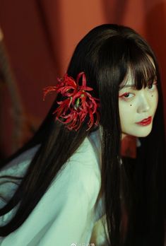 a doll with long black hair and red flowers in her hair