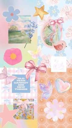 a collage with flowers, hearts, and other things in pastel pinks