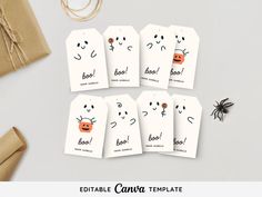 printable halloween gift tags with funny faces and spider on the front, set of 10