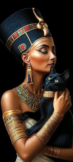 an egyptian woman holding a black cat in her arms and wearing gold jewelry on her head