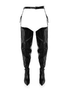 The AZALEA WANG Lewanna Thigh High Belted Chap Boot in Black is an ultra-sexy chap-style boot featuring a curved, bucket-style thigh high shaft, an adjustable belted wait, adjustable garter straps, a front buckle detailing, and tonal inner ankle zipper closures. This sultry pair is finished off with a pointy toe design and a slim stiletto heel. Style atop a shirt dress for a chic, complete look.  (all measurements approximate from size 7.5): - Faux Leather Upper - Pointed Toe - Stiletto Heel - 30” Shaft Height - 3.5” Heel Height - 51” Belt Length, 10” Garter Length - 30” Shaft Opening Circumference - 14” Calf Circumference - Imported  Product ID: 363882 Black Thigh High Boots, Leather Belt Buckle, Black Thigh High, Azalea Wang, Belt Length, Buckle Boots, Fashion Black, Boots Women, Thigh High Boots