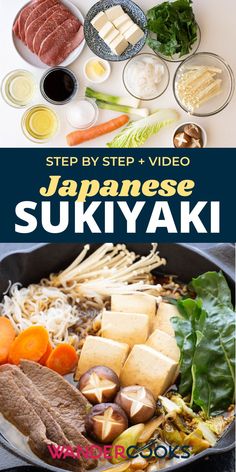 japanese sukiyaki with vegetables and meats in a skillet