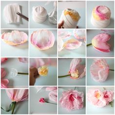 many different pictures of pink flowers and yarn