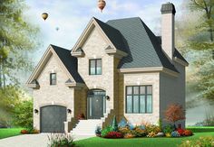 this is an artist's rendering of a house with hot air balloons in the sky