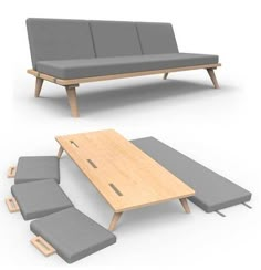 a couch, table and ottoman are shown in three different positions