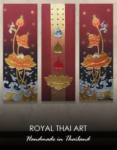 three panels with gold and red designs on them, each panel has an image of flowers