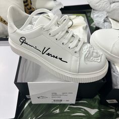 Brand New Versace Sneakers Designer Custom Lace-up Sneakers With Logo Print, Designer Custom Logo Print Lace-up Sneakers, Designer White Custom Sneakers With Embossed Logo, White Custom Sneakers With Embroidered Logo, Luxury High-top Sneakers With Embroidered Logo, Luxury White Sneakers With Embroidered Logo, Designer Low-top Custom Sneakers With Embroidered Logo, Designer Low-top Sneakers With Embroidered Logo, Luxury Custom Sneakers With Embroidered Logo And Round Toe