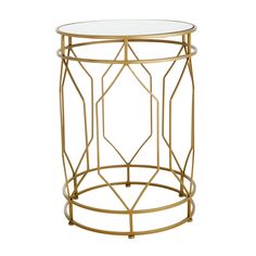 a gold metal and glass side table with geometric design on the top, against a white background