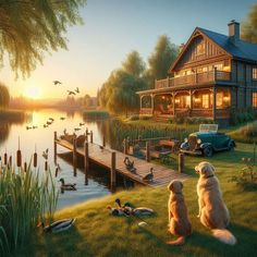 two dogs are sitting on the grass watching ducks in front of a lake and house