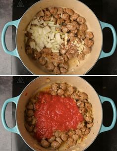 two pictures showing the process of making meatballs and onions in a pot with tomato sauce