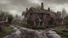 an old house in the middle of a forest with rain falling down on it's roof