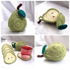 crocheted pears are shown with green leaves on them, and one has a red glass in it