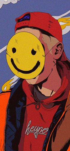 a man with a smiley face on his head