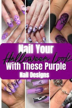 Black And Purple Nails, Fun Halloween Nails, Halloween Nail Art Easy, Black Halloween Nails, Halloween Manicure, Halloween Purple, Purple Nail Art, Halloween Acrylic Nails, Purple Nail Designs