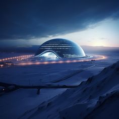 a futuristic building in the middle of snow covered mountains at night with lights shining on it