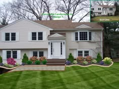 a house with landscaping in the front yard and before and after pictures on the side