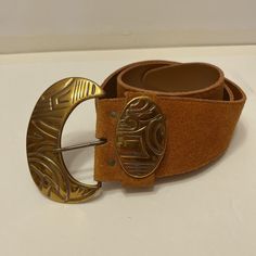 Vintage Camel Brown Suede Belt With Decorative Brass Buckle Size: Ml Material: Suede Leather Width: Varies But ~1.75” Length: 39” Condition: Pre-Owned, Never Worn, Great Condition Suede Belt, Brass Buckle, Brown Suede, Vintage Brown, Fashion Killa, Suede Leather, Brown Leather, Buckle, Women Accessories