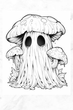 an ink drawing of mushrooms with black eyes