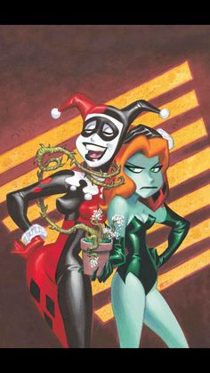 two women dressed as harley and catwoman, one holding a flower in her hand