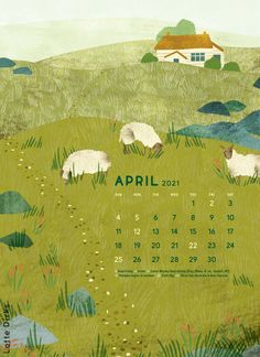 a calendar with sheep grazing in a field next to a small house on top of a hill