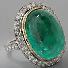 Estate Platinum Cabochon-cut Emerald and Diamond Cocktail Ring. 19.7g. Measures 27mm X  16mm deep. Emerald measures 21.14mm x 15.32mm x 10.96mm. .42ct F VS diamonds. Cabo Fashion, Bijoux Art Deco, The Bling Ring, Diamond Cocktail Ring, Emerald Engagement, I Love Jewelry, Emerald Jewelry, Emerald Engagement Ring, Emerald Gemstone