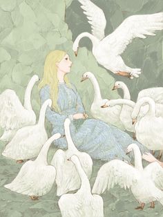 a painting of a woman surrounded by swans