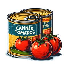 a can of canned tomatoes next to two whole tomatoes on a white background with the words canned tomatoes written below it