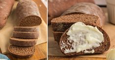 two pictures side by side one has bread and the other has cream cheese on it