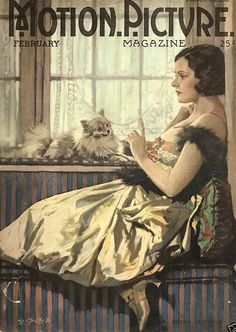 an old fashion magazine cover with a woman sitting on a couch next to a cat