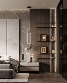 a modern bedroom with marble walls and flooring