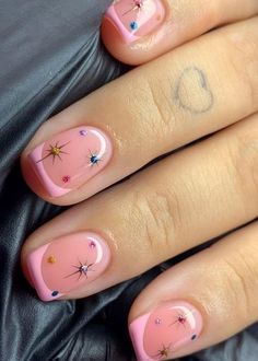 new years eve nails: pink French tips with colorful sparkles Cute Gel Polish Nail Ideas Short, New Year Nails 2023 Short, Pi K Nails, 2024 New Year Nails, Short New Years Nails Gel, Nye Nail Ideas Almond, Fun New Years Nails, New Year’s Eve Nails Short, New Years Acrylics