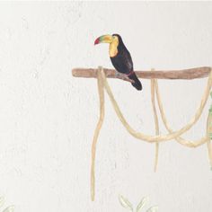 a drawing of a bird sitting on a branch with leaves around it's neck