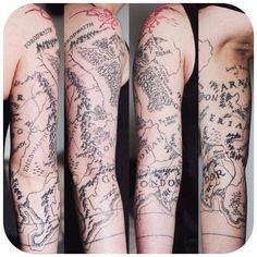 tattoos on the arms and legs of people with different types of tattoo designs, including mountains