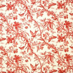 a red and white wallpaper with flowers and butterflies on it's side,