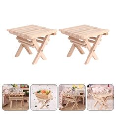 two wooden picnic tables sitting next to each other on top of a white tile floor