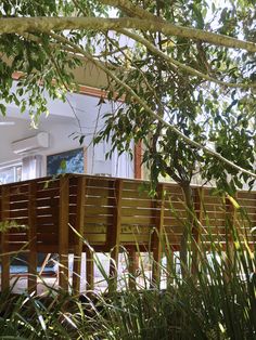 a wooden bench sitting under a tree next to a building