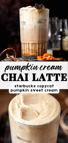 pumpkin cream chai latte in a tall glass with whipped cream on the top