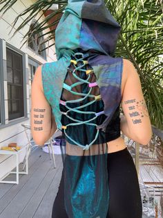 Ready To Ship! OOAK vest/shrug with hooded and lace-up mesh back detail  Features my original prints "Enya" and "Oilendrium" with metallic teal mesh and scrap-piece lace detail in the back.  SIZING: S 25-27" waist, 36-39" hip, 32-34" bust M 28-30" waist, 38-40" hip, 34-36" bust Vest Outfits, Original Prints, Womens Vest, Lace Detail, Favorite Outfit, Beauty Book, Bathing Beauties, Lace Up, Purses And Bags