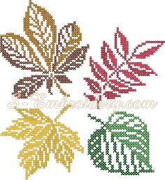 the cross stitch pattern is shown in red, yellow and green leaves on a white background