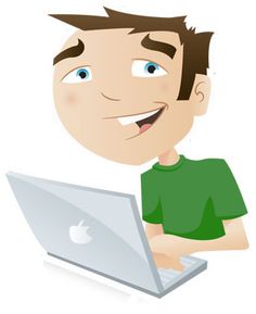 a man is smiling while looking at his laptop computer with an apple logo on the screen