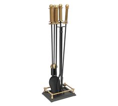 a set of three black and gold candlesticks on a stand with metal handles