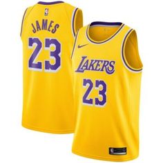 the los lakers jersey is yellow and has purple trims on the chest, while the number